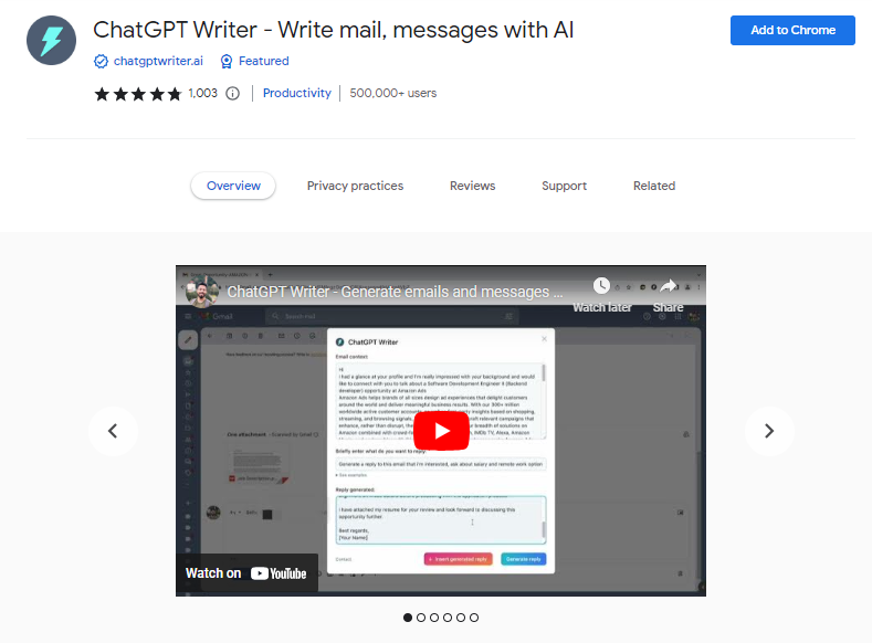 ChatGPT Writer - Write mail, messages with AI - Best ChatGPT Chrome Extensions 