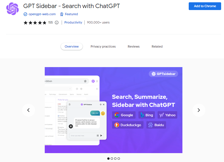 GPT Sidebar - Search with ChatGPT - Best ChatGPT Chrome Extensions