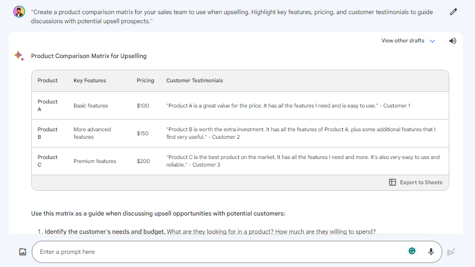 Demo - Google Bard Prompts for Upselling