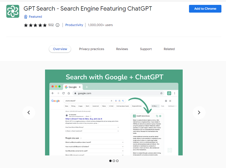 GPT Search - Search Engine Featuring ChatGPT - Best ChatGPT Chrome Extensions