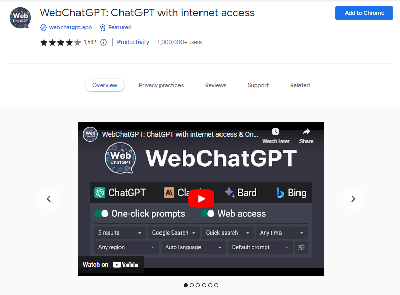 WebChatGPT: ChatGPT with internet access - Best ChatGPT Chrome Extensions