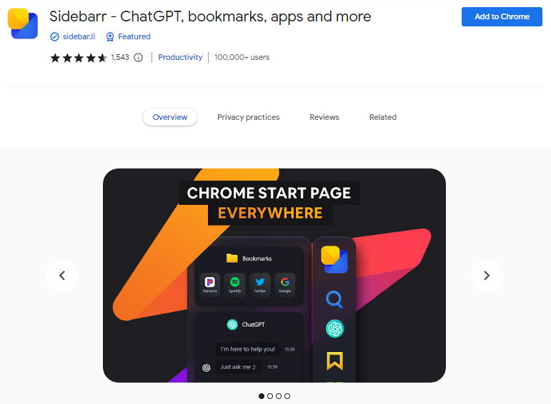 Sidebarr - ChatGPT, bookmarks, apps and more - Best ChatGPT Chrome Extensions