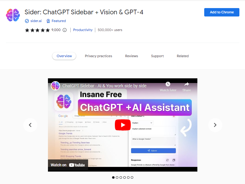 Sider ChatGPT Sidebar + Vision & GPT-4 - Best ChatGPT Chrome Extensions