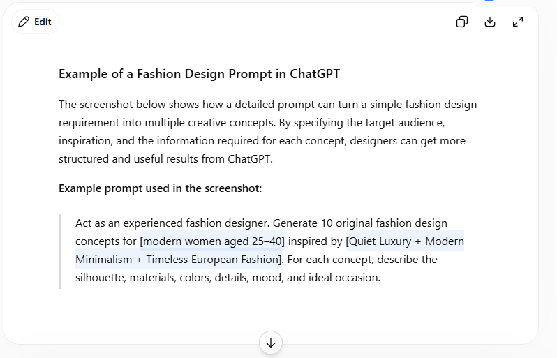 Example of a ChatGPT fashion design prompt generating creative concepts for modern women aged 25–40