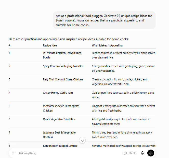 ChatGPT Prompts for Food Bloggers: 100+ Ideas to Create Better Content ChatGPT generating 20 Asian recipe ideas in a table for food bloggers