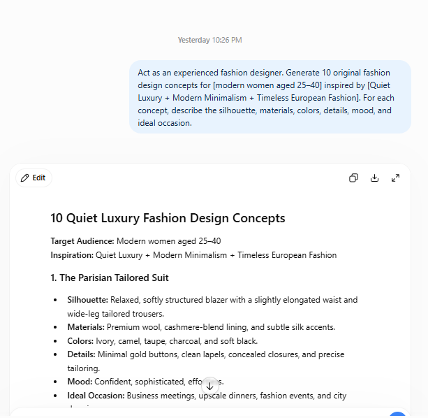 ChatGPT generating 10 quiet luxury fashion design concepts for modern women aged 25–40, including silhouettes, materials, colors, details, mood, and ideal occasions.
