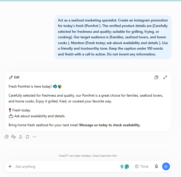 ChatGPT prompt for fishmongers creating an Instagram seafood promotion