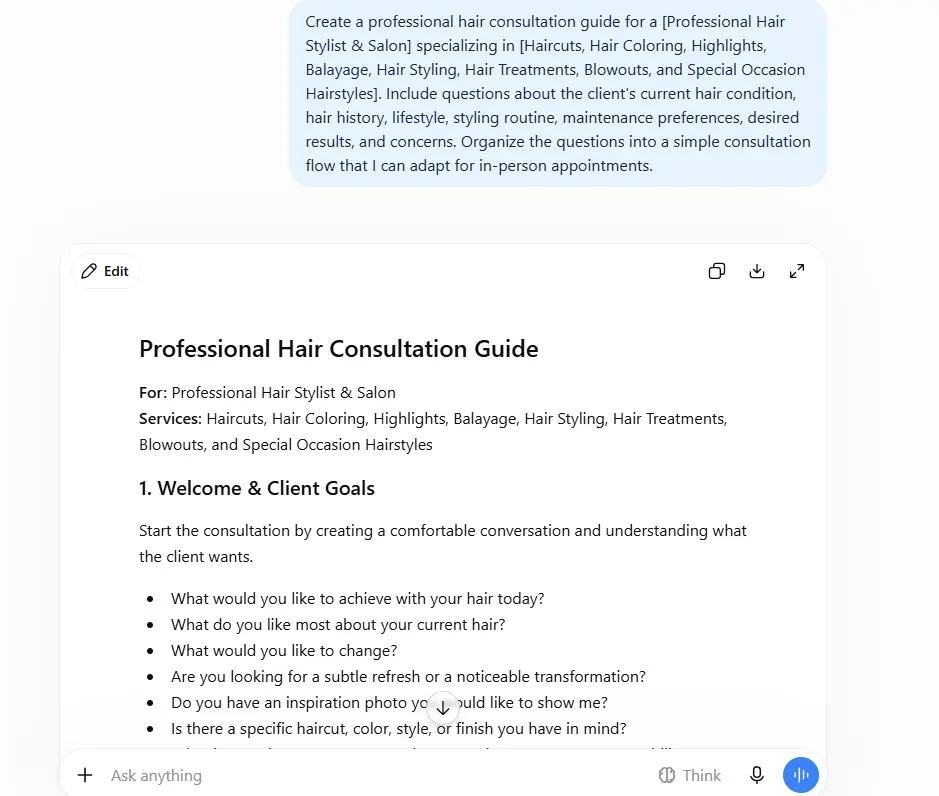 ChatGPT Prompts for Hair Stylists: Ideas for Clients, Content, Consultations, and Salon Growth ChatGPT prompt for hair stylists to improve client consultations and understand hair goals