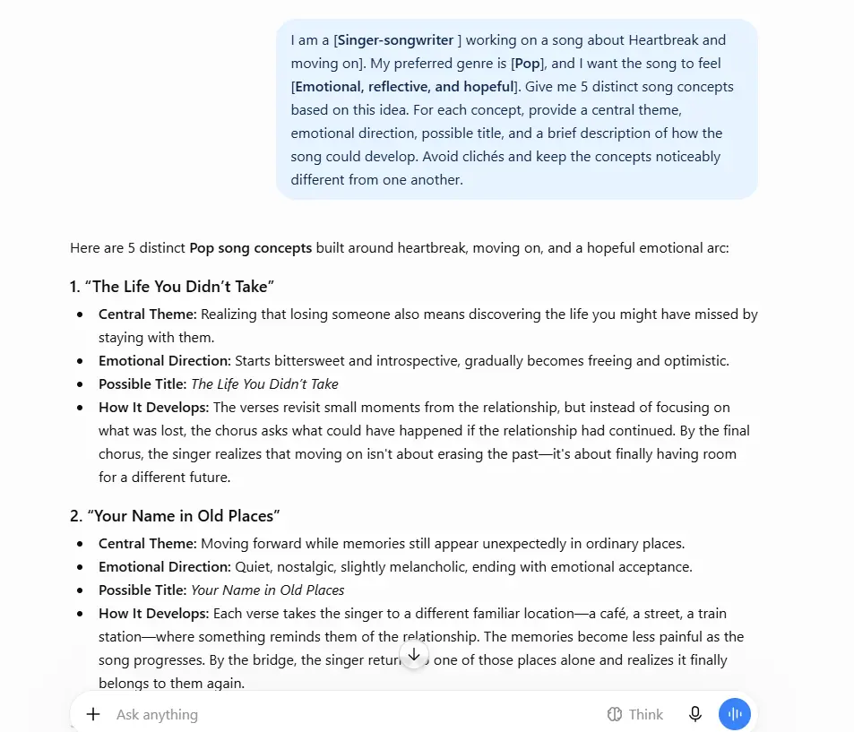 ChatGPT Prompts for Musicians: Practical AI Help for Songwriting, Practice, Performance, and Music Promotion ChatGPT prompt for musicians to turn a rough song idea into creative song concepts