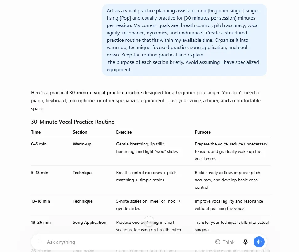 ChatGPT Prompts for Singers: Practical AI Help for Songwriting, Practice, Performance, and Music Promotion ChatGPT prompt for creating a 30-minute vocal practice routine for beginner singers