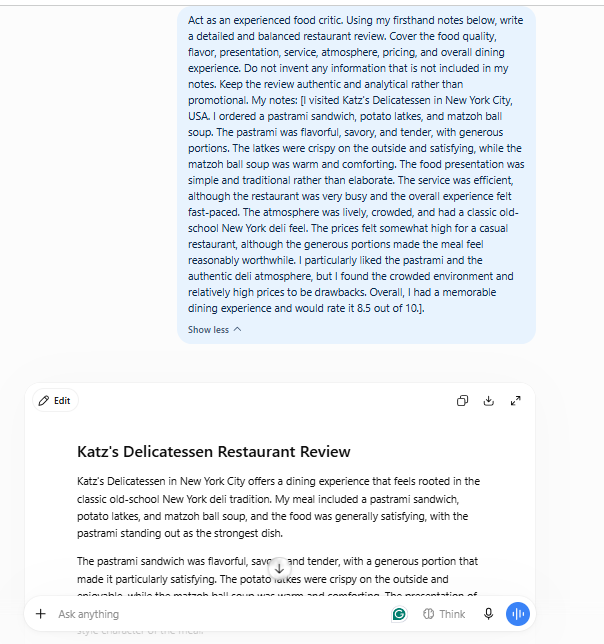 ChatGPT prompt generating a restaurant review from firsthand food critic notes