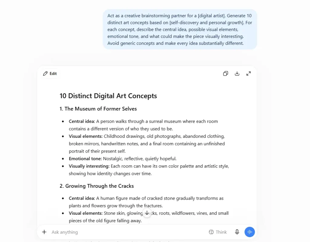 Screenshot of a ChatGPT prompt for artists designed to generate creative artwork ideas and explore different artistic concepts.