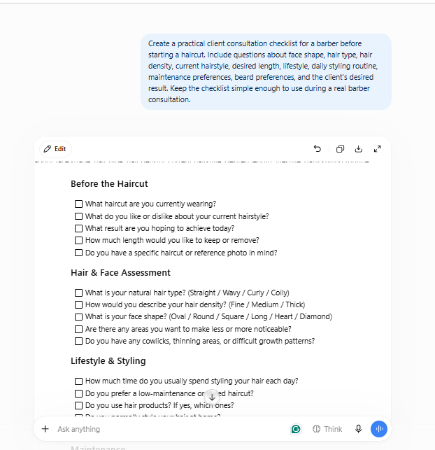 ChatGPT Prompts for Barbers: Practical Ideas for Clients, Marketing and Shop Management ChatGPT Prompt 1 for barbers to create a client consultation checklist