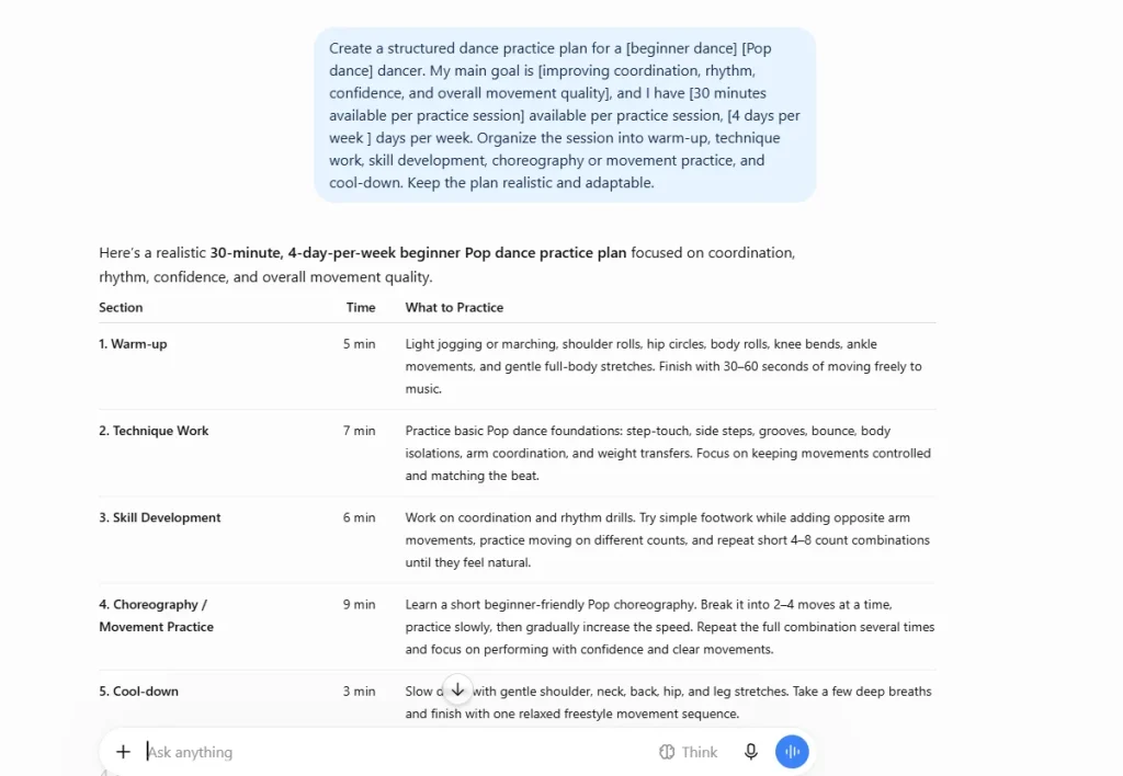 ChatGPT prompt for dancers showing how to create a structured dance practice plan based on dance style, experience level, goals, practice time, technique, skill development, choreography, and cool-down.