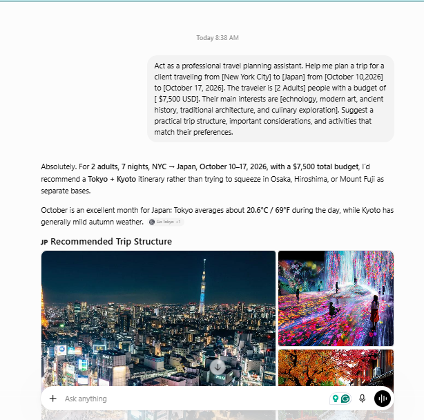 ChatGPT Prompts for Travel Agents: 50+ AI Prompts to Grow Your Travel Business ChatGPT travel planning prompt creating a Japan itinerary for two adults