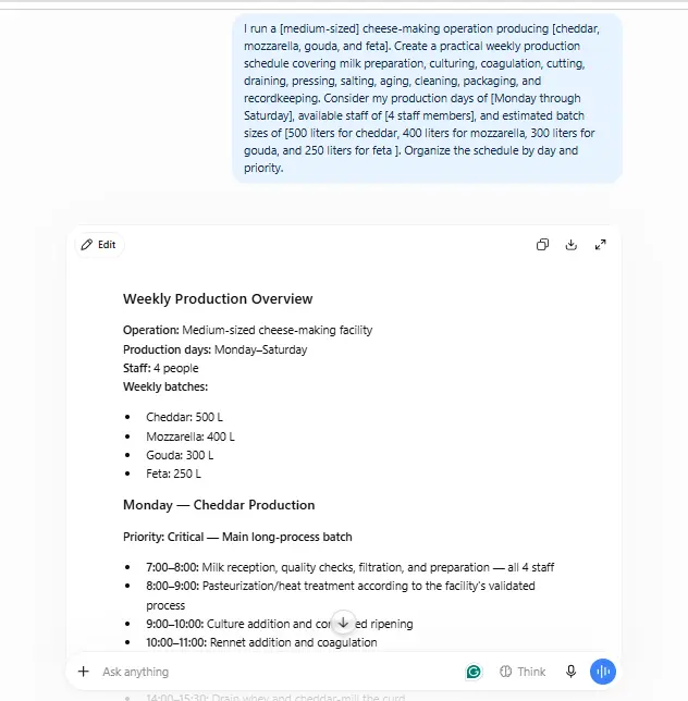 ChatGPT Prompts for Cheese Makers: Practical AI Ideas for Cheese Production, Marketing, and Business ChatGPT weekly cheese production plan for cheese makers