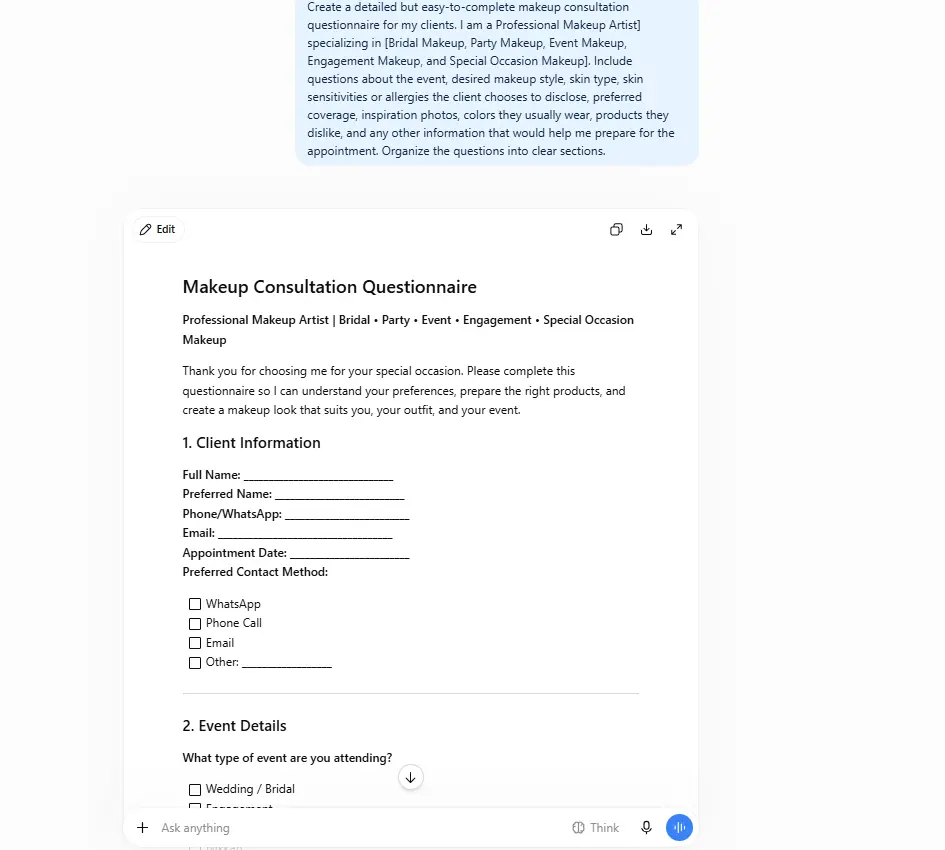 ChatGPT Prompts for Makeup Artists: Ideas for Clients, Content, and Beauty Business ChatGPT-generated makeup artist consultation questionnaire for client appointments